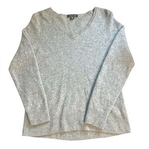 Saks Fifth Avenue 100% Cashmere V-Neck Sweater Grey XL Ribbed Side Panels